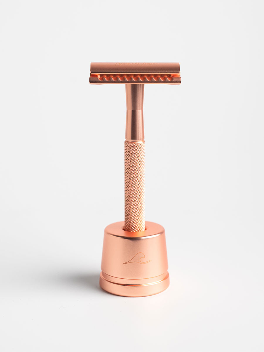 Rose Gold Safety Razor and Stand | New Wave Shaving